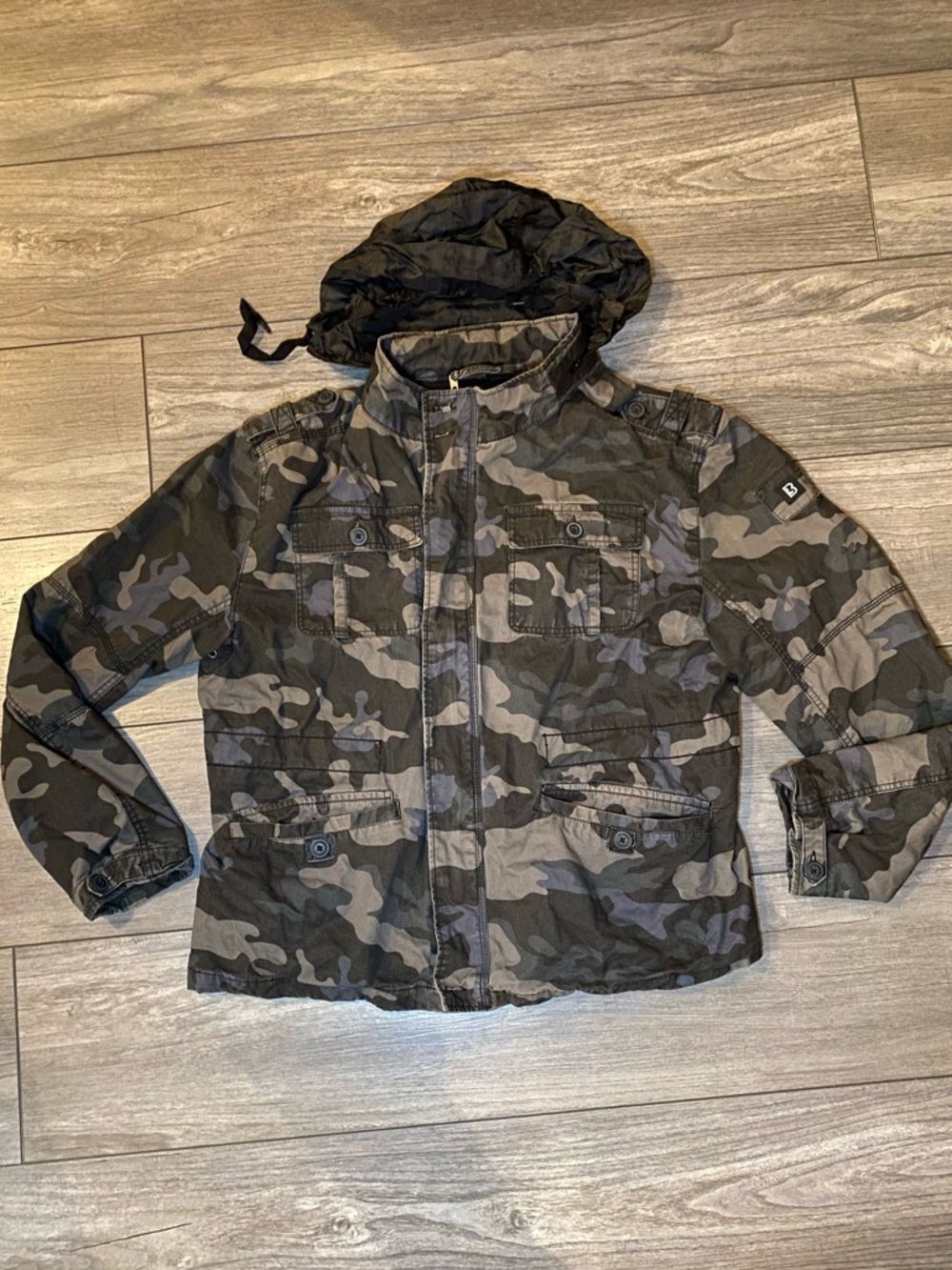 EUC Brandit Dark Camo Military Jacket w/ Removable Hood